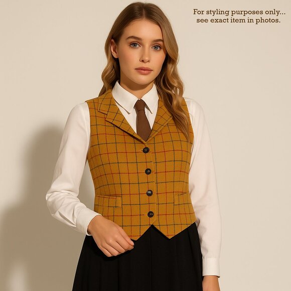 Vintage 90s GAP Mustard Plaid Wool Vest Unisex Medium Holiday Waistcoat - Picture 1 of 16